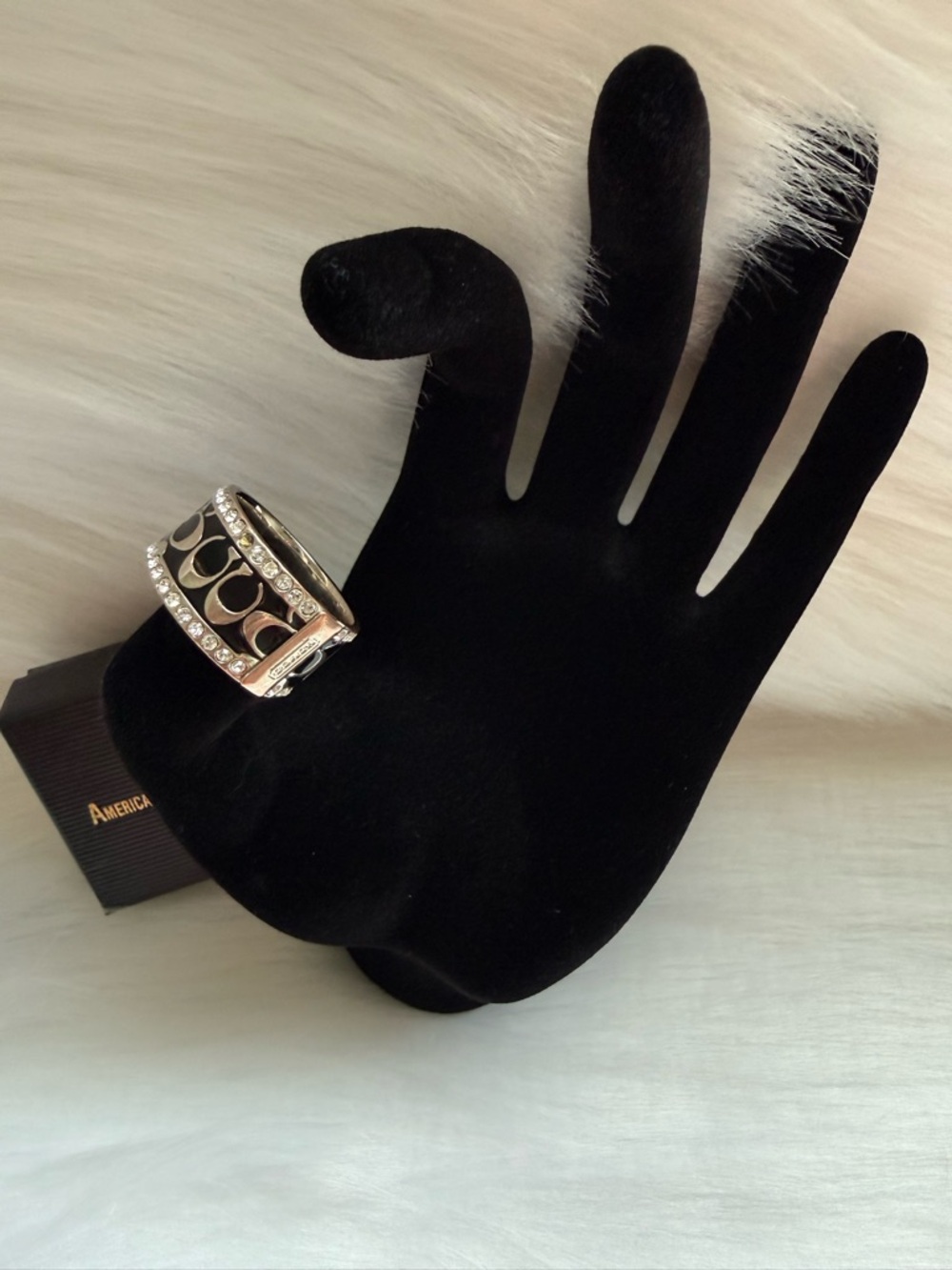 Coach Silver and Black Crystal Accent Signature Ring